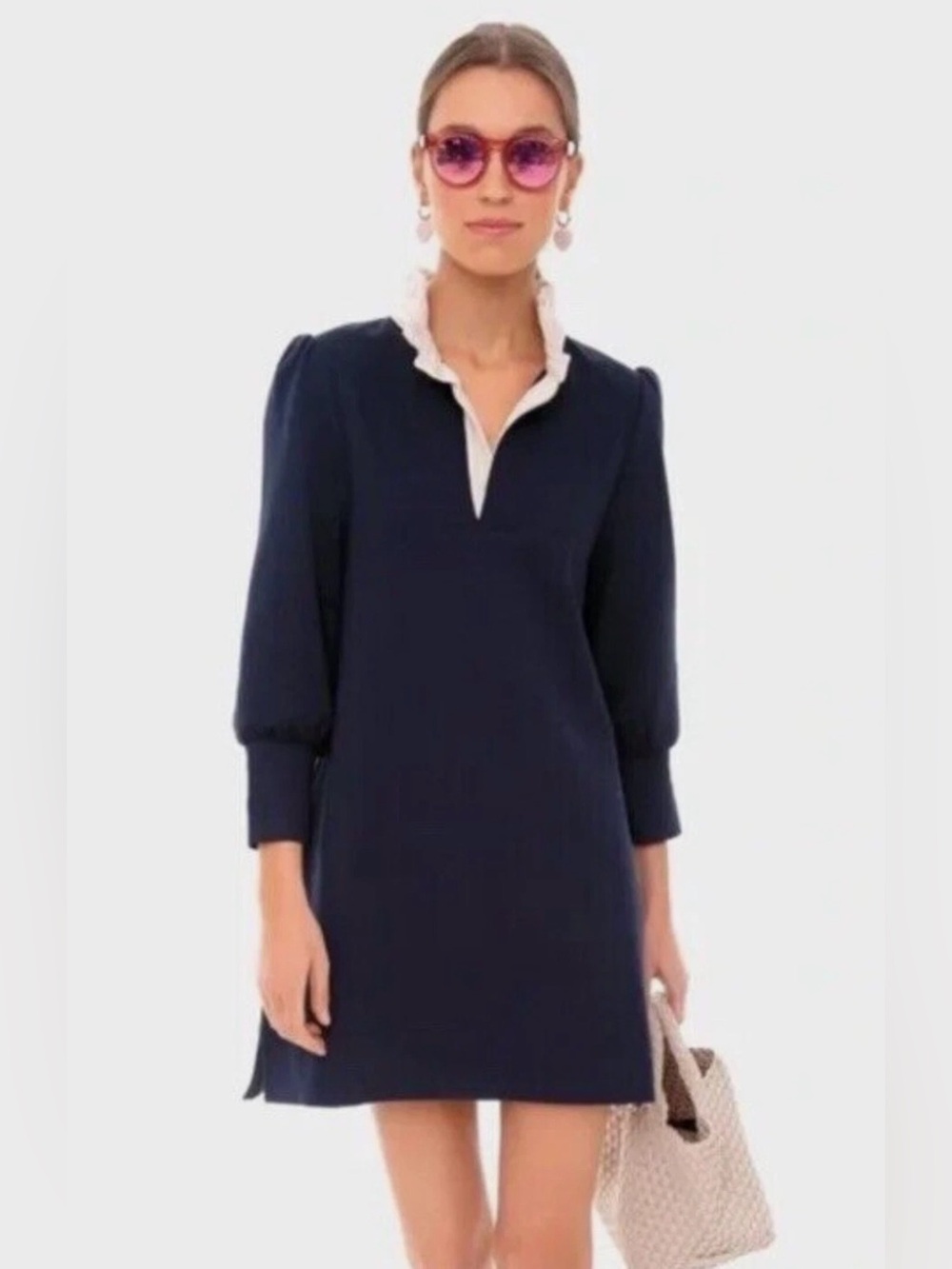 Pomander Place Charlotte Terry Shirt Dress Navy White Ruffle Collar Size M - Picture 3 of 9